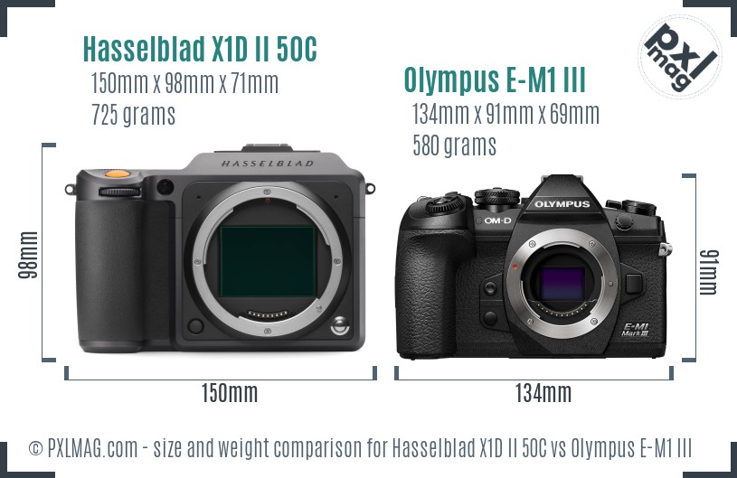 Hasselblad X1D II 50C vs Olympus E-M1 III size comparison