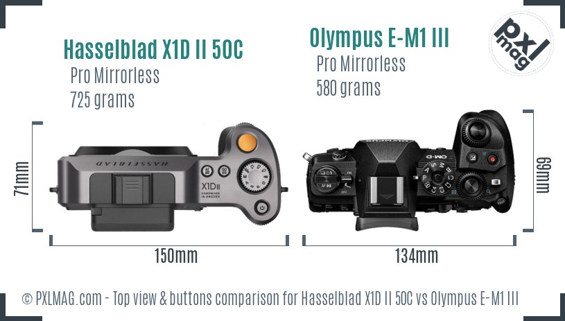 Hasselblad X1D II 50C vs Olympus E-M1 III top view buttons comparison
