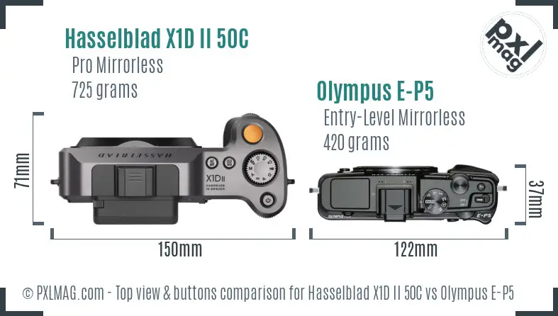 Hasselblad X1D II 50C vs Olympus E-P5 top view buttons comparison