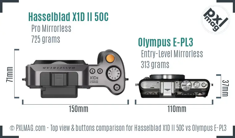 Hasselblad X1D II 50C vs Olympus E-PL3 top view buttons comparison