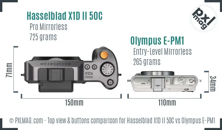 Hasselblad X1D II 50C vs Olympus E-PM1 top view buttons comparison