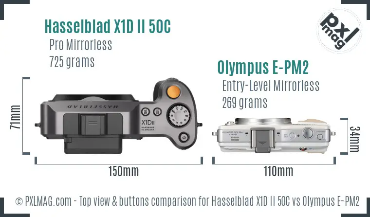 Hasselblad X1D II 50C vs Olympus E-PM2 top view buttons comparison Hasselblad X1D II 50C vs Olympus E-PM2 top view buttons comparison