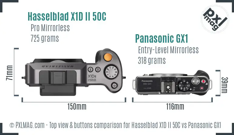 Hasselblad X1D II 50C vs Panasonic GX1 top view buttons comparison
