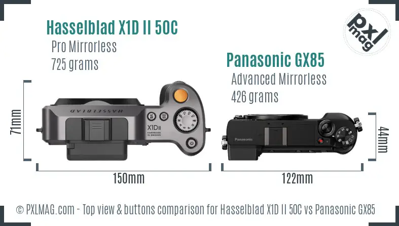 Hasselblad X1D II 50C vs Panasonic GX85 top view buttons comparison Hasselblad X1D II 50C vs Panasonic GX85 top view buttons comparison