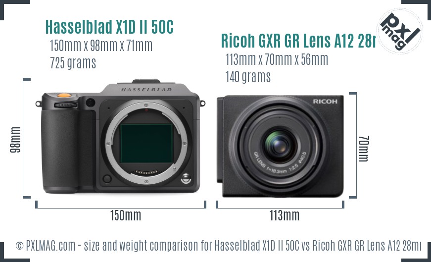 Hasselblad X1D II 50C vs Ricoh GXR GR Lens A12 28mm F2.5 size comparison