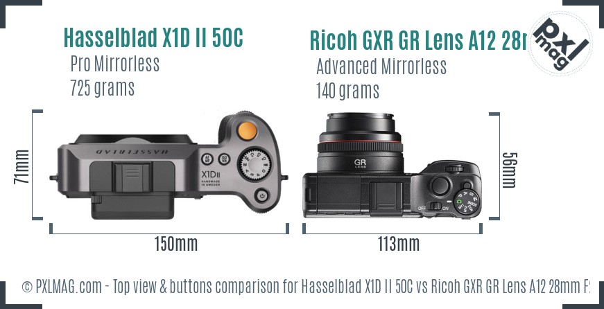 Hasselblad X1D II 50C vs Ricoh GXR GR Lens A12 28mm F2.5 top view buttons comparison