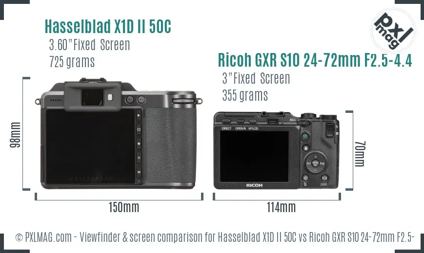 Hasselblad X1D II 50C vs Ricoh GXR S10 24-72mm F2.5-4.4 VC Screen and Viewfinder comparison