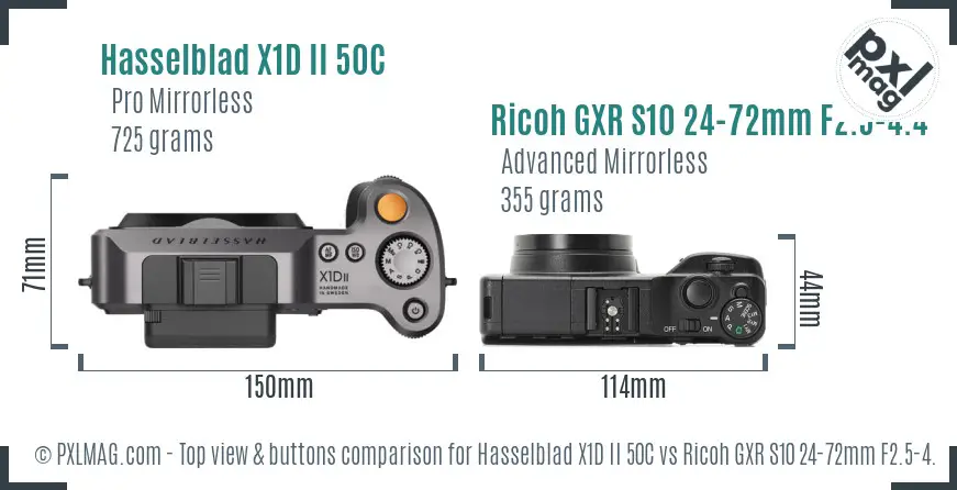 Hasselblad X1D II 50C vs Ricoh GXR S10 24-72mm F2.5-4.4 VC top view buttons comparison