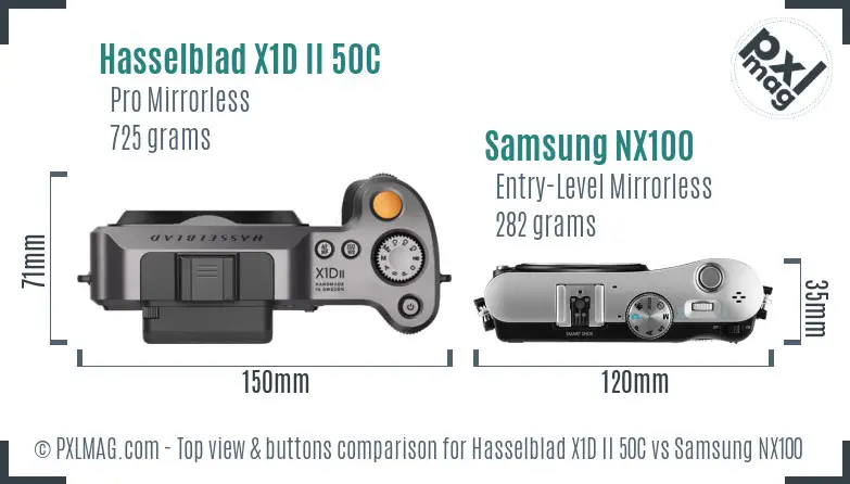 Hasselblad X1D II 50C vs Samsung NX100 top view buttons comparison Hasselblad X1D II 50C vs Samsung NX100 top view buttons comparison