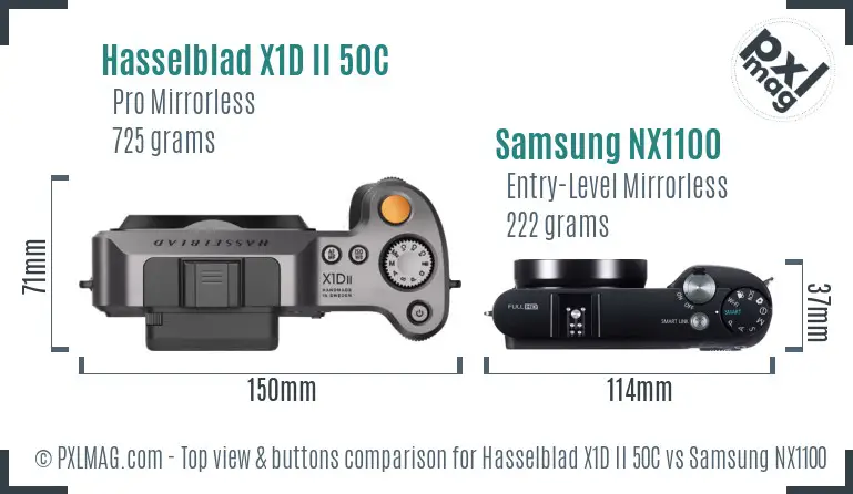 Hasselblad X1D II 50C vs Samsung NX1100 top view buttons comparison Hasselblad X1D II 50C vs Samsung NX1100 top view buttons comparison