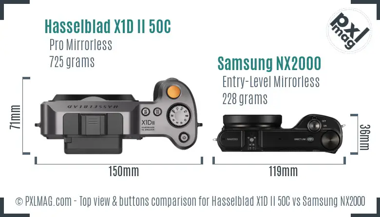 Hasselblad X1D II 50C vs Samsung NX2000 top view buttons comparison Hasselblad X1D II 50C vs Samsung NX2000 top view buttons comparison