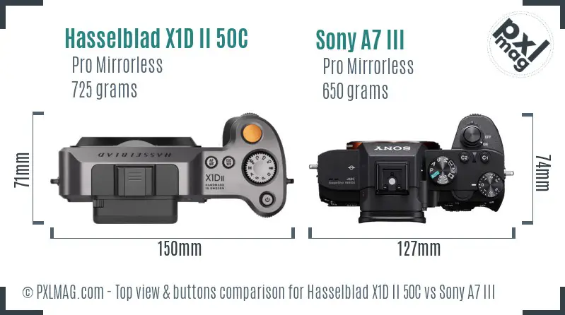 Hasselblad X1D II 50C vs Sony A7 III top view buttons comparison