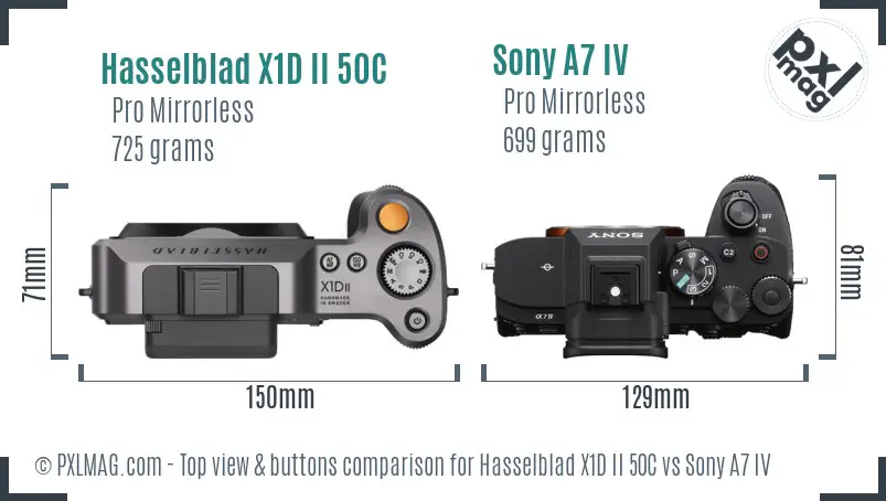 Hasselblad X1D II 50C vs Sony A7 IV top view buttons comparison