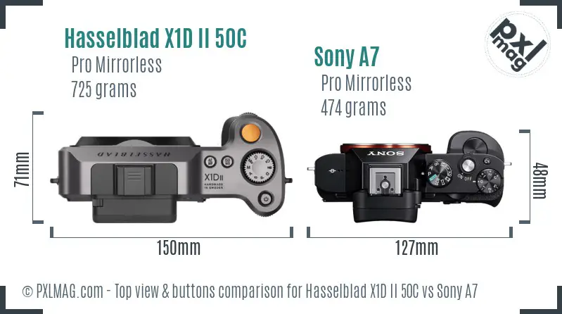 Hasselblad X1D II 50C vs Sony A7 top view buttons comparison