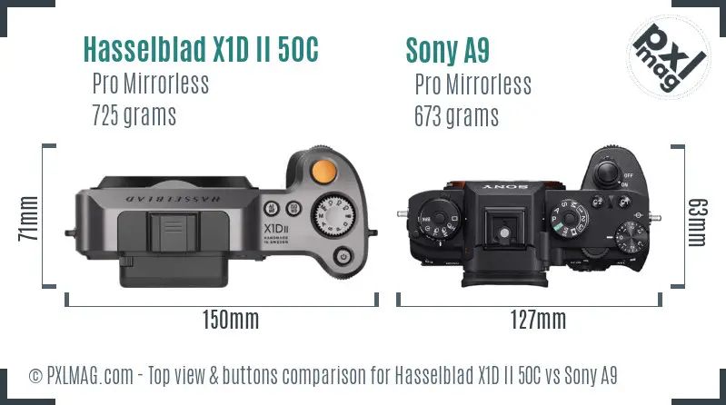 Hasselblad X1D II 50C vs Sony A9 top view buttons comparison