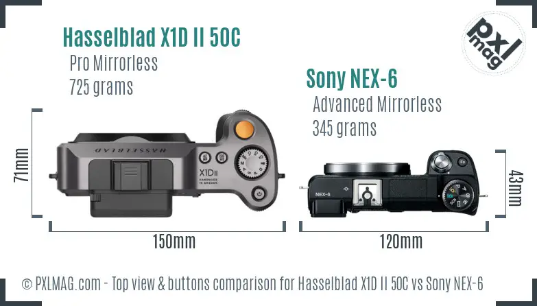 Hasselblad X1D II 50C vs Sony NEX-6 top view buttons comparison Hasselblad X1D II 50C vs Sony NEX-6 top view buttons comparison