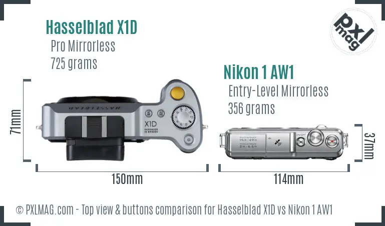Hasselblad X1D vs Nikon 1 AW1 top view buttons comparison