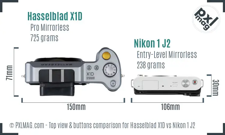 Hasselblad X1D vs Nikon 1 J2 top view buttons comparison