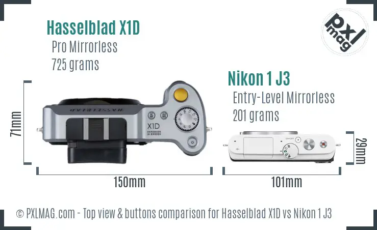 Hasselblad X1D vs Nikon 1 J3 top view buttons comparison