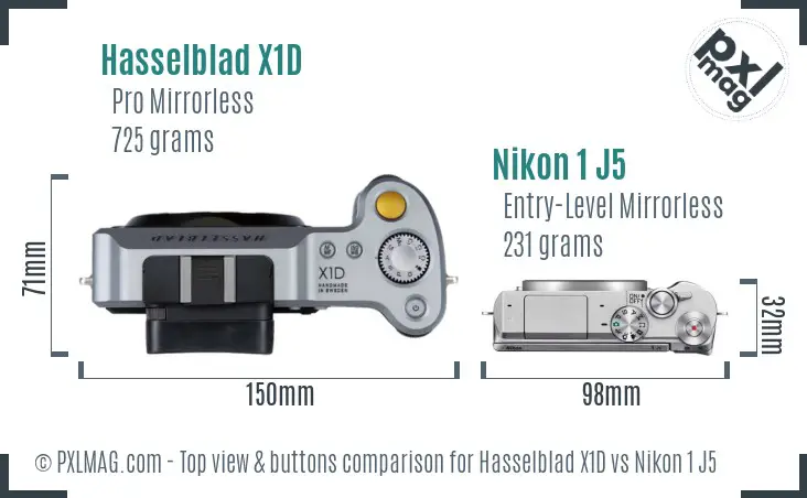 Hasselblad X1D vs Nikon 1 J5 top view buttons comparison