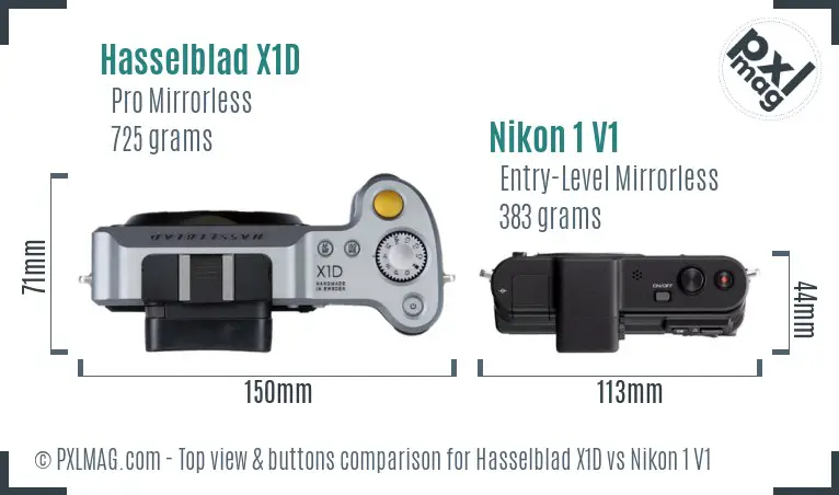 Hasselblad X1D vs Nikon 1 V1 top view buttons comparison