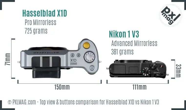 Hasselblad X1D vs Nikon 1 V3 top view buttons comparison