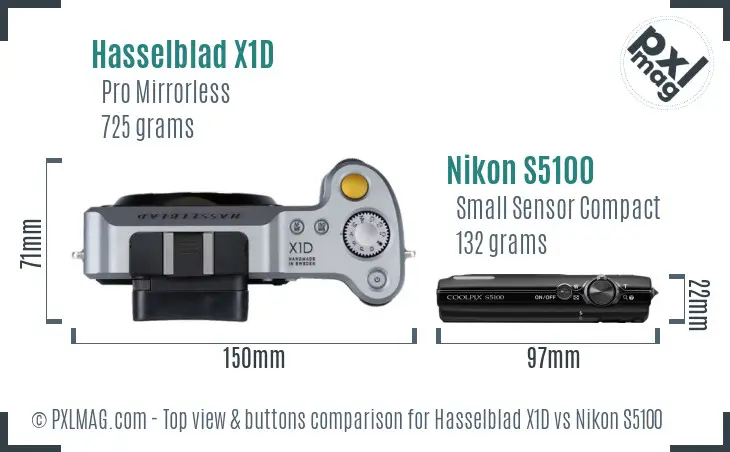 Hasselblad X1D vs Nikon S5100 top view buttons comparison