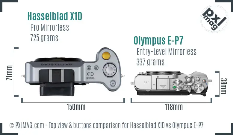 Hasselblad X1D vs Olympus E-P7 top view buttons comparison