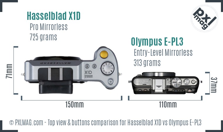 Hasselblad X1D vs Olympus E-PL3 top view buttons comparison