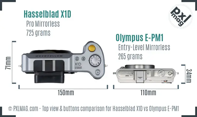 Hasselblad X1D vs Olympus E-PM1 top view buttons comparison