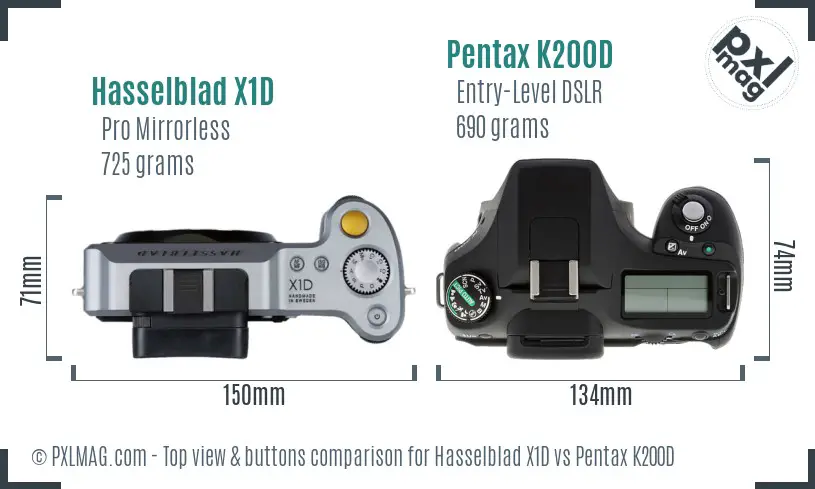 Hasselblad X1D vs Pentax K200D top view buttons comparison