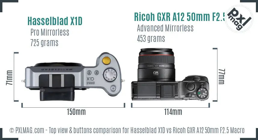 Hasselblad X1D vs Ricoh GXR A12 50mm F2.5 Macro top view buttons comparison