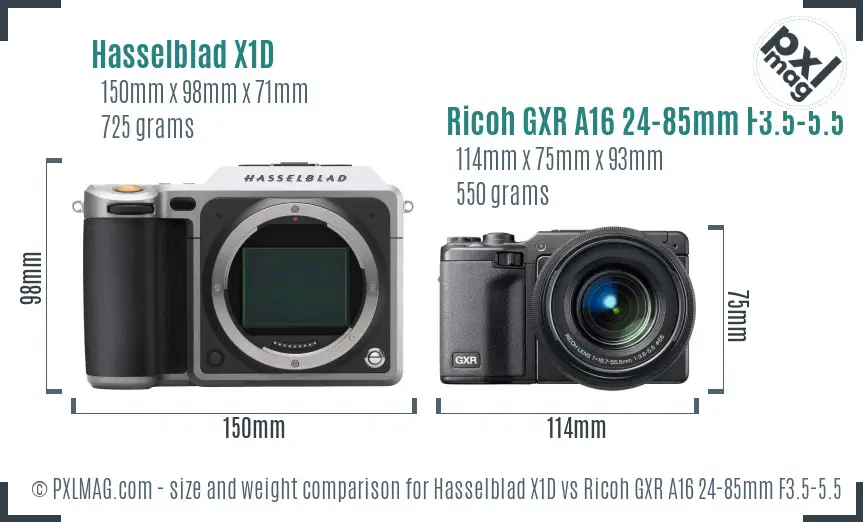 Hasselblad X1D vs Ricoh GXR A16 24-85mm F3.5-5.5 size comparison