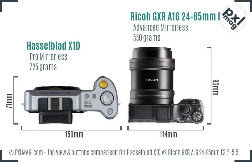 Hasselblad X1D vs Ricoh GXR A16 24-85mm F3.5-5.5 top view buttons comparison