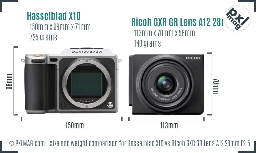 Hasselblad X1D vs Ricoh GXR GR Lens A12 28mm F2.5 size comparison
