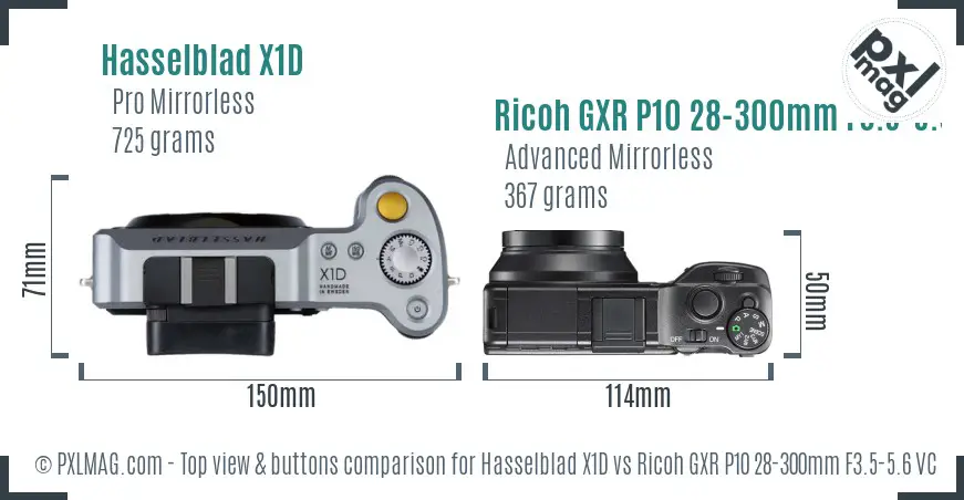 Hasselblad X1D vs Ricoh GXR P10 28-300mm F3.5-5.6 VC top view buttons comparison
