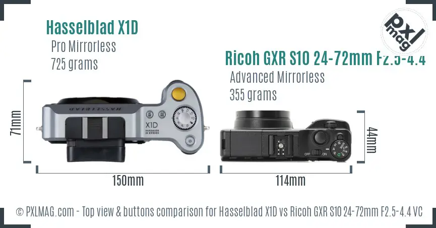 Hasselblad X1D vs Ricoh GXR S10 24-72mm F2.5-4.4 VC top view buttons comparison