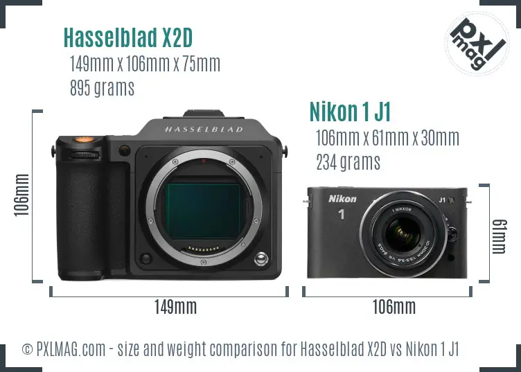 Hasselblad X2D vs Nikon 1 J1 size comparison