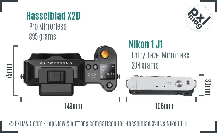 Hasselblad X2D vs Nikon 1 J1 top view buttons comparison