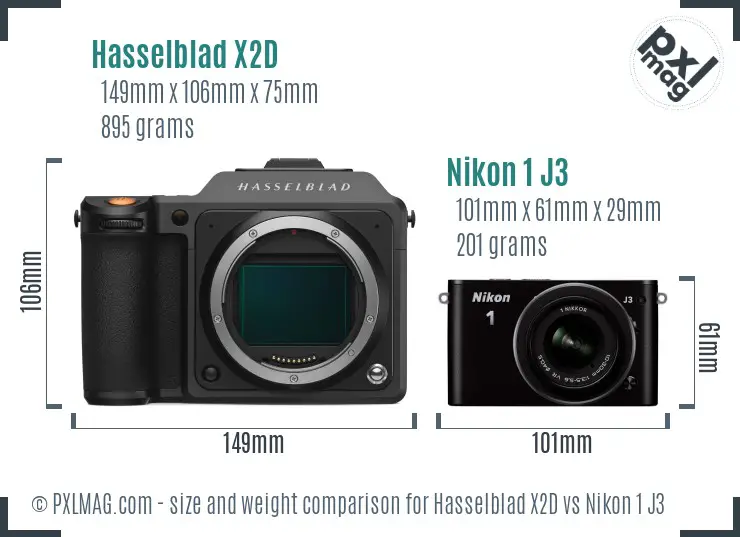 Hasselblad X2D vs Nikon 1 J3 size comparison