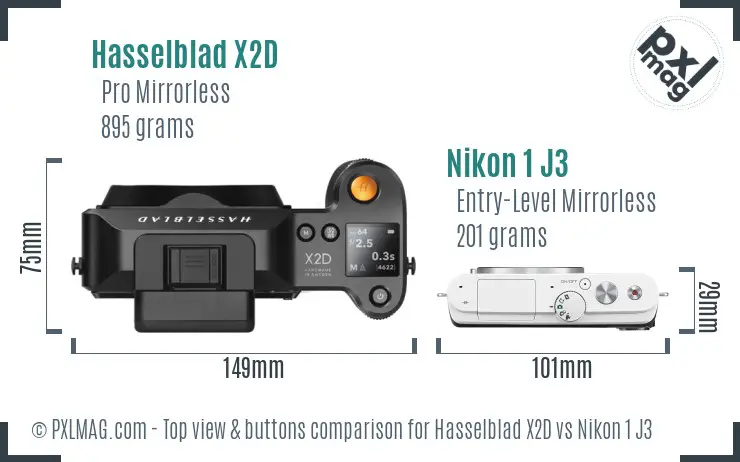 Hasselblad X2D vs Nikon 1 J3 top view buttons comparison