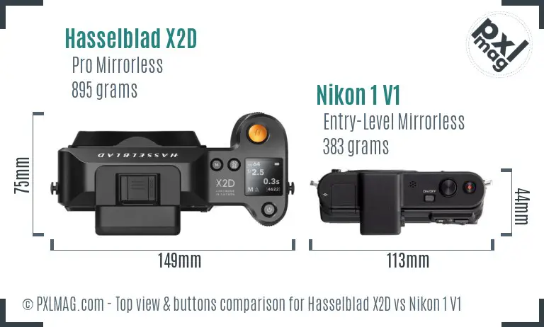 Hasselblad X2D vs Nikon 1 V1 top view buttons comparison