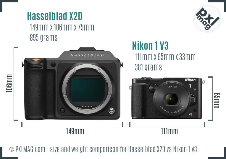 Hasselblad X2D vs Nikon 1 V3 size comparison