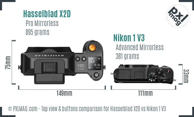 Hasselblad X2D vs Nikon 1 V3 top view buttons comparison