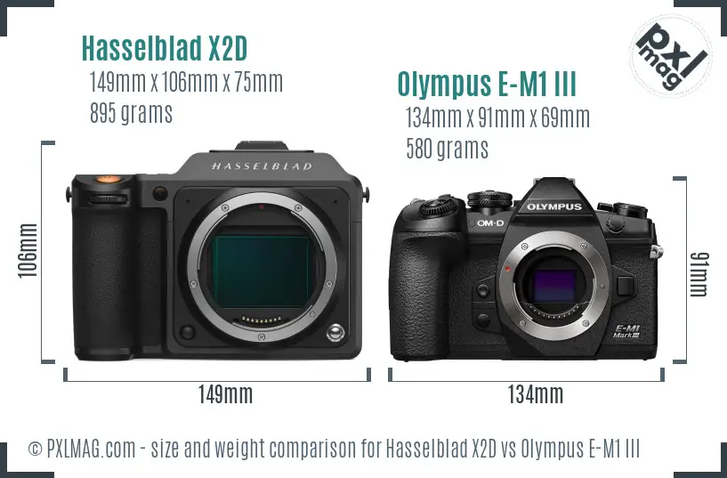 Hasselblad X2D vs Olympus E-M1 III size comparison