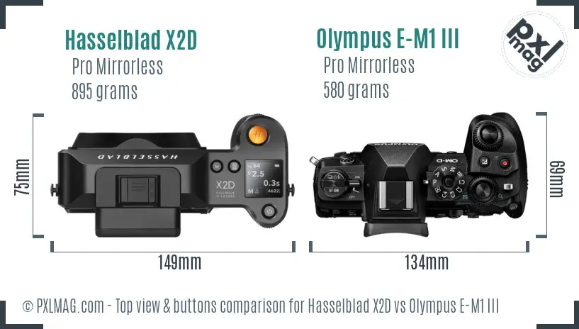Hasselblad X2D vs Olympus E-M1 III top view buttons comparison