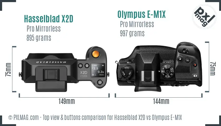 Hasselblad X2D vs Olympus E-M1X top view buttons comparison