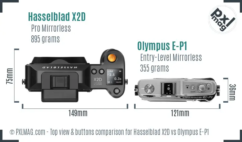 Hasselblad X2D vs Olympus E-P1 top view buttons comparison Hasselblad X2D vs Olympus E-P1 top view buttons comparison