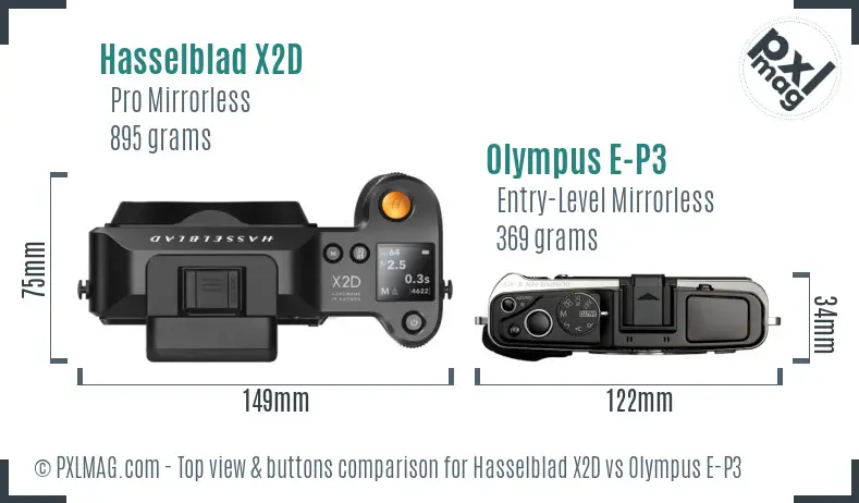 Hasselblad X2D vs Olympus E-P3 top view buttons comparison
