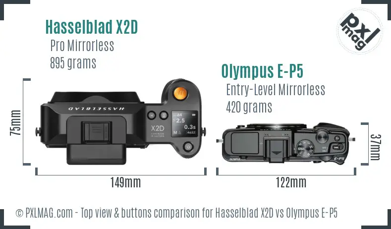 Hasselblad X2D vs Olympus E-P5 top view buttons comparison
